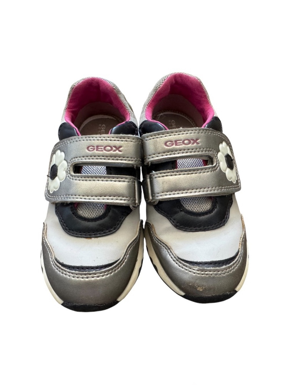 Geox Girls Sneakers Size 10 Silver Navy Pink Velcro Heart EU 27